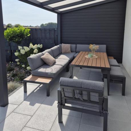 Aluminiowy narożnik ogrodowy z fotelem i stołem 160cm Calamba Corner XL - Grey
