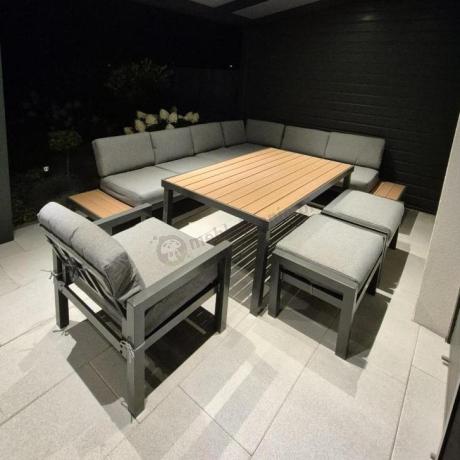 Aluminiowy narożnik ogrodowy z fotelem i stołem 160cm Calamba Corner XL - Grey