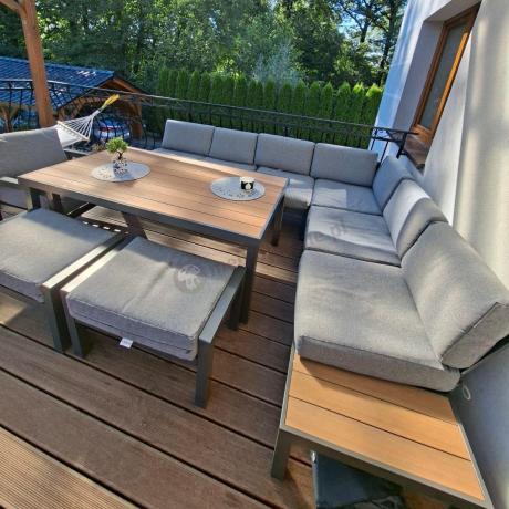 Aluminiowy narożnik ogrodowy z fotelem i stołem 160cm Calamba Corner XL - Grey
