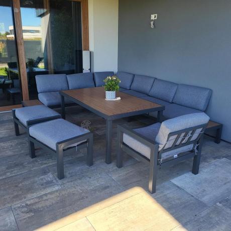 Aluminiowy narożnik ogrodowy z fotelem i stołem 160cm Calamba Corner XL - Grey