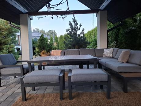Aluminiowy narożnik ogrodowy z fotelem i stołem 160cm Calamba Corner XL - Grey