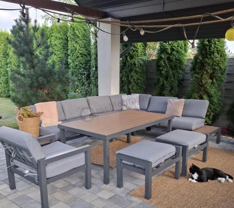 Aluminiowy narożnik ogrodowy z fotelem i stołem 160cm Calamba Corner XL - Grey