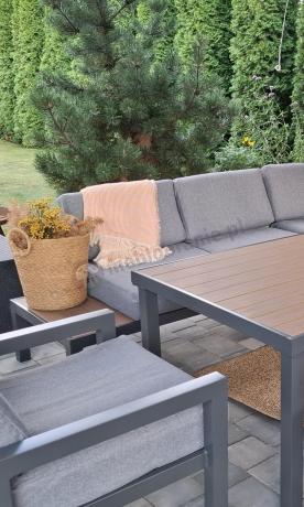 Aluminiowy narożnik ogrodowy z fotelem i stołem 160cm Calamba Corner XL - Grey
