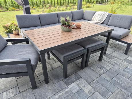 Aluminiowy narożnik ogrodowy z fotelem i stołem 160cm Calamba Corner XL - Grey
