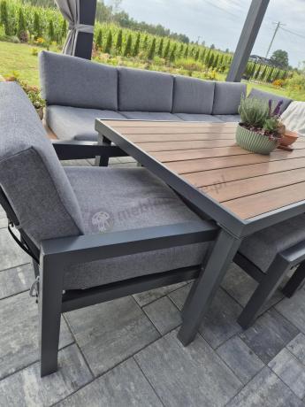 Aluminiowy narożnik ogrodowy z fotelem i stołem 160cm Calamba Corner XL - Grey