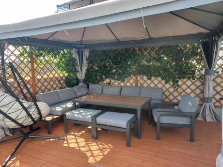 Aluminiowy narożnik ogrodowy z fotelem i stołem 160cm Calamba Corner XL - Grey