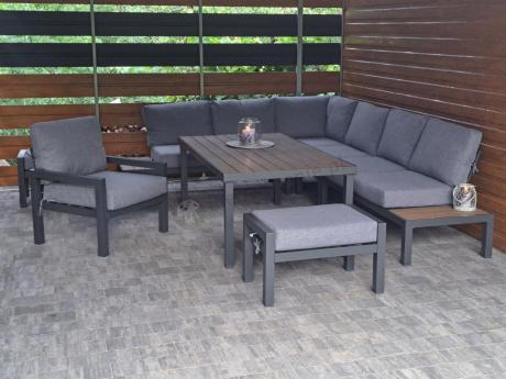 Aluminiowy narożnik ogrodowy z fotelem i stołem 160cm Calamba Corner XL - Grey