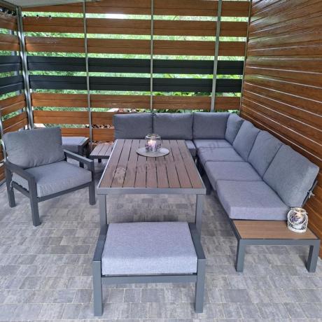 Aluminiowy narożnik ogrodowy z fotelem i stołem 160cm Calamba Corner XL - Grey