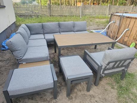 Aluminiowy narożnik ogrodowy z fotelem i stołem 160cm Calamba Corner XL - Grey