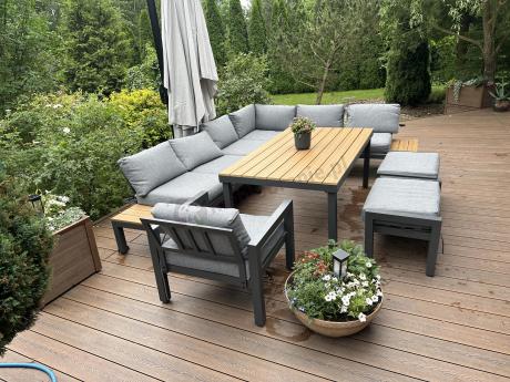Aluminiowy narożnik ogrodowy z fotelem i stołem 160cm Calamba Corner XL - Grey