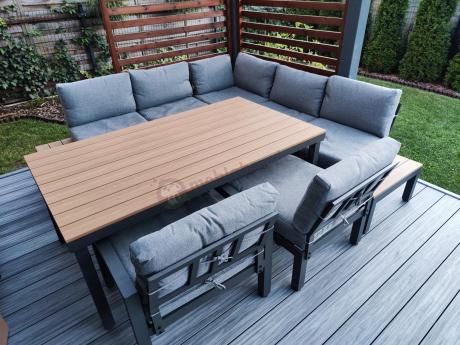 Aluminiowy narożnik ogrodowy z fotelem i stołem 160cm Calamba Corner XL - Grey