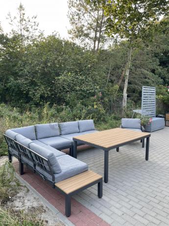 Aluminiowy narożnik ogrodowy z fotelem i stołem 160cm Calamba Corner XL - Grey