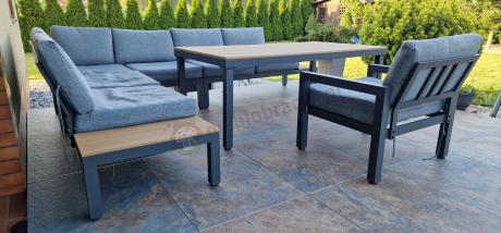 Aluminiowy narożnik ogrodowy z fotelem i stołem 160cm Calamba Corner XL - Grey