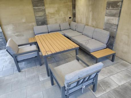 Aluminiowy narożnik ogrodowy z fotelem i stołem 160cm Calamba Corner XL - Grey