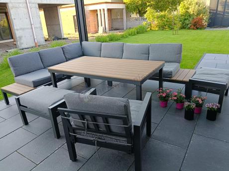 Aluminiowy narożnik ogrodowy z fotelem i stołem 160cm Calamba Corner XL - Grey