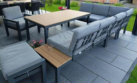 Aluminiowy narożnik ogrodowy z fotelem i stołem 160cm Calamba Corner XL - Grey