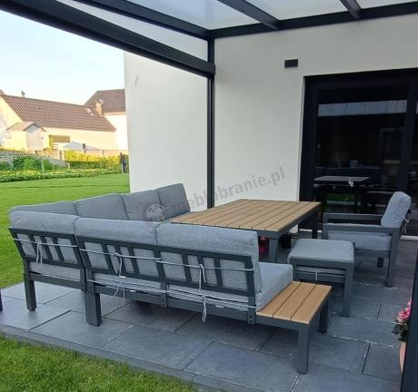 Aluminiowy narożnik ogrodowy z fotelem i stołem 160cm Calamba Corner XL - Grey