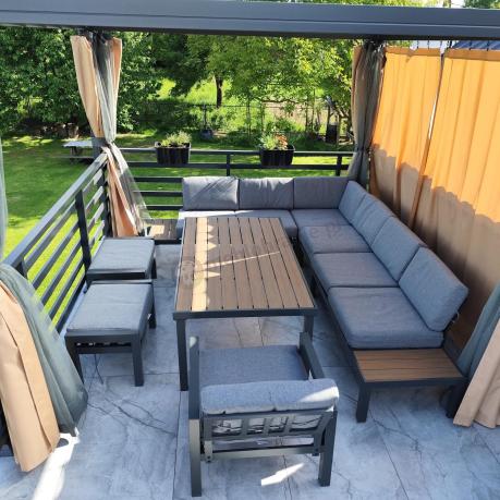 Aluminiowy narożnik ogrodowy z fotelem i stołem 160cm Calamba Corner XL - Grey