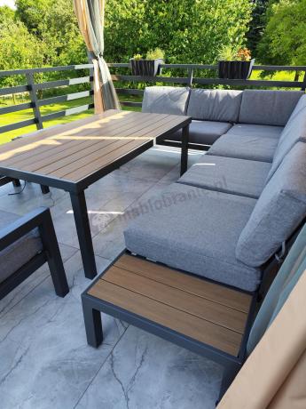 Aluminiowy narożnik ogrodowy z fotelem i stołem 160cm Calamba Corner XL - Grey