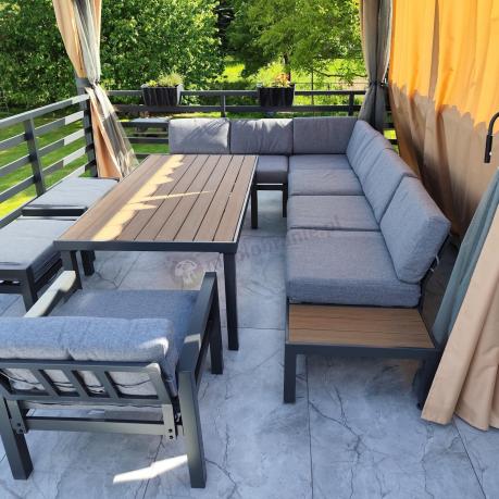 Aluminiowy narożnik ogrodowy z fotelem i stołem 160cm Calamba Corner XL - Grey