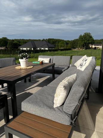 Aluminiowy narożnik ogrodowy z fotelem i stołem 160cm Calamba Corner XL - Grey