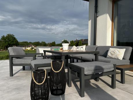 Aluminiowy narożnik ogrodowy z fotelem i stołem 160cm Calamba Corner XL - Grey