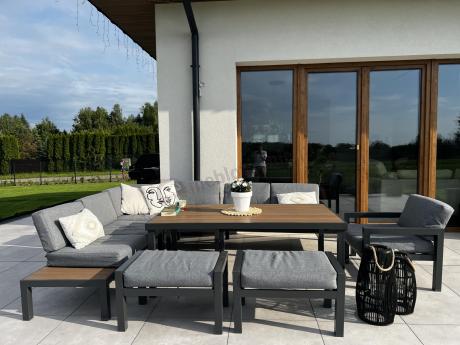 Aluminiowy narożnik ogrodowy z fotelem i stołem 160cm Calamba Corner XL - Grey