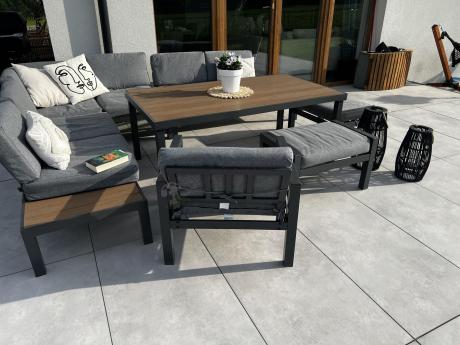 Aluminiowy narożnik ogrodowy z fotelem i stołem 160cm Calamba Corner XL - Grey