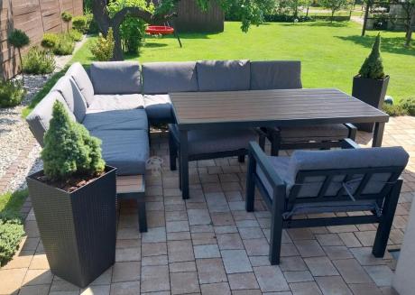 Aluminiowy narożnik ogrodowy z fotelem i stołem 160cm Calamba Corner XL - Grey