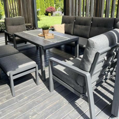 Aluminiowy narożnik ogrodowy z fotelem, pufami i stołem 150x90cm Tavaro Corner Antracite