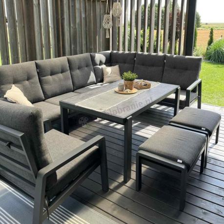 Aluminiowy narożnik ogrodowy z fotelem, pufami i stołem 150x90cm Tavaro Corner Antracite