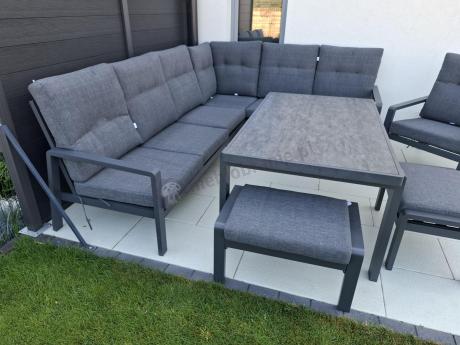 Aluminiowy narożnik ogrodowy z fotelem, pufami i stołem 150x90cm Tavaro Corner Antracite