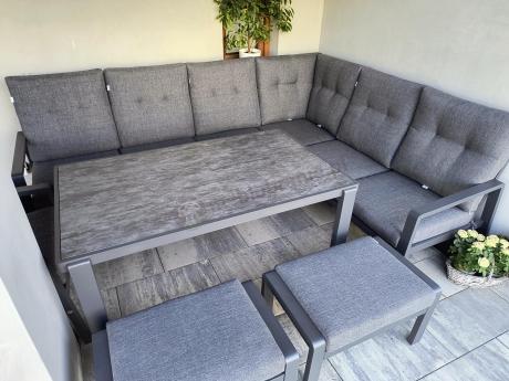 Aluminiowy narożnik ogrodowy z fotelem, pufami i stołem 150x90cm Tavaro Corner Antracite