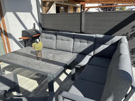 Aluminiowy narożnik ogrodowy z fotelem, pufami i stołem 150x90cm Tavaro Corner Antracite