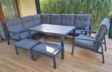 Aluminiowy narożnik ogrodowy z fotelem, pufami i stołem 150x90cm Tavaro Corner Antracite