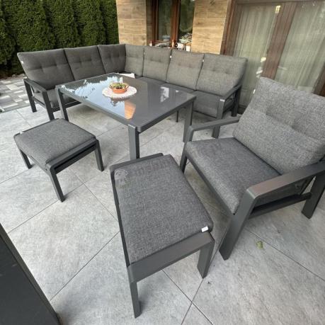Aluminiowy narożnik ogrodowy z fotelem, pufami i stołem 150x90cm Tavaro Corner Antracite