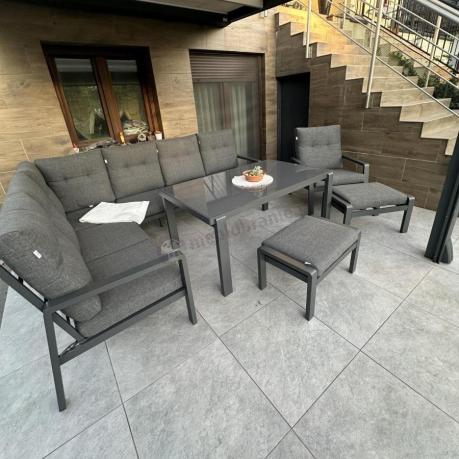 Aluminiowy narożnik ogrodowy z fotelem, pufami i stołem 150x90cm Tavaro Corner Antracite