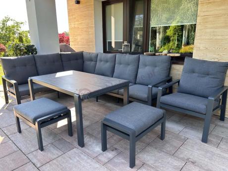 Aluminiowy narożnik ogrodowy z fotelem, pufami i stołem 150x90cm Tavaro Corner Antracite