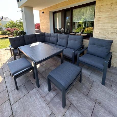 Aluminiowy narożnik ogrodowy z fotelem, pufami i stołem 150x90cm Tavaro Corner Antracite
