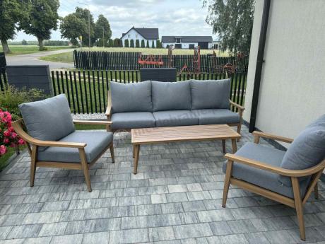 Aluminiowy zestaw mebli ogrodowych, kolor drewniany, szare poduszki dla 5 osób z sofą 200cm - Else Set - Grey