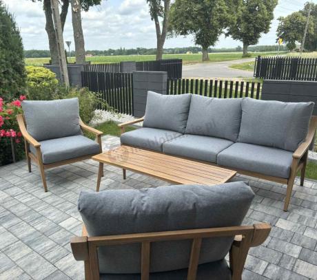 Aluminiowy zestaw mebli ogrodowych, kolor drewniany, szare poduszki dla 5 osób z sofą 200cm - Else Set - Grey