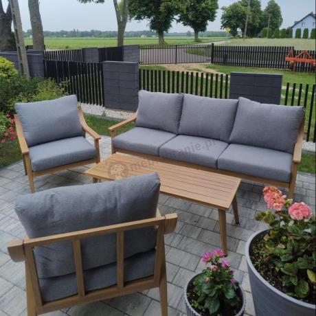 Aluminiowy zestaw mebli ogrodowych, kolor drewniany, szare poduszki dla 5 osób z sofą 200cm - Else Set - Grey