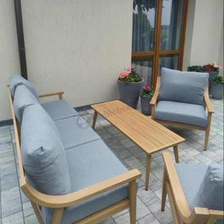 Aluminiowy zestaw mebli ogrodowych, kolor drewniany, szare poduszki dla 5 osób z sofą 200cm - Else Set - Grey