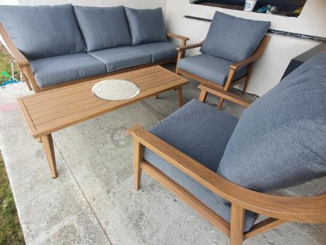 Aluminiowy zestaw mebli ogrodowych, kolor drewniany, szare poduszki dla 5 osób z sofą 200cm - Else Set - Grey