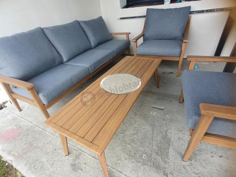 Aluminiowy zestaw mebli ogrodowych, kolor drewniany, szare poduszki dla 5 osób z sofą 200cm - Else Set - Grey