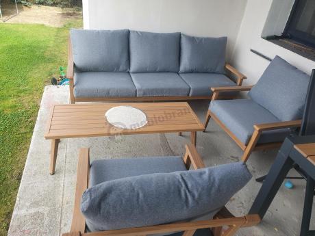 Aluminiowy zestaw mebli ogrodowych, kolor drewniany, szare poduszki dla 5 osób z sofą 200cm - Else Set - Grey