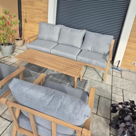 Aluminiowy zestaw mebli ogrodowych, kolor drewniany, szare poduszki dla 5 osób z sofą 200cm - Else Set - Grey