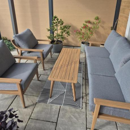 Aluminiowy zestaw mebli ogrodowych, kolor drewniany, szare poduszki dla 5 osób z sofą 200cm - Else Set - Grey