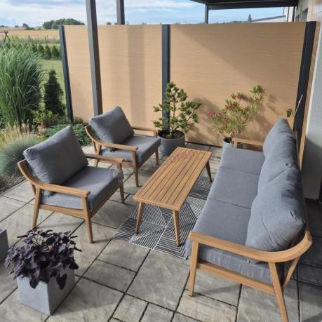 Aluminiowy zestaw mebli ogrodowych, kolor drewniany, szare poduszki dla 5 osób z sofą 200cm - Else Set - Grey