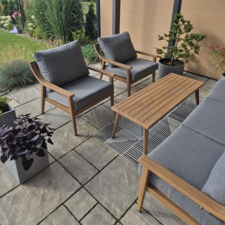 Aluminiowy zestaw mebli ogrodowych, kolor drewniany, szare poduszki dla 5 osób z sofą 200cm - Else Set - Grey